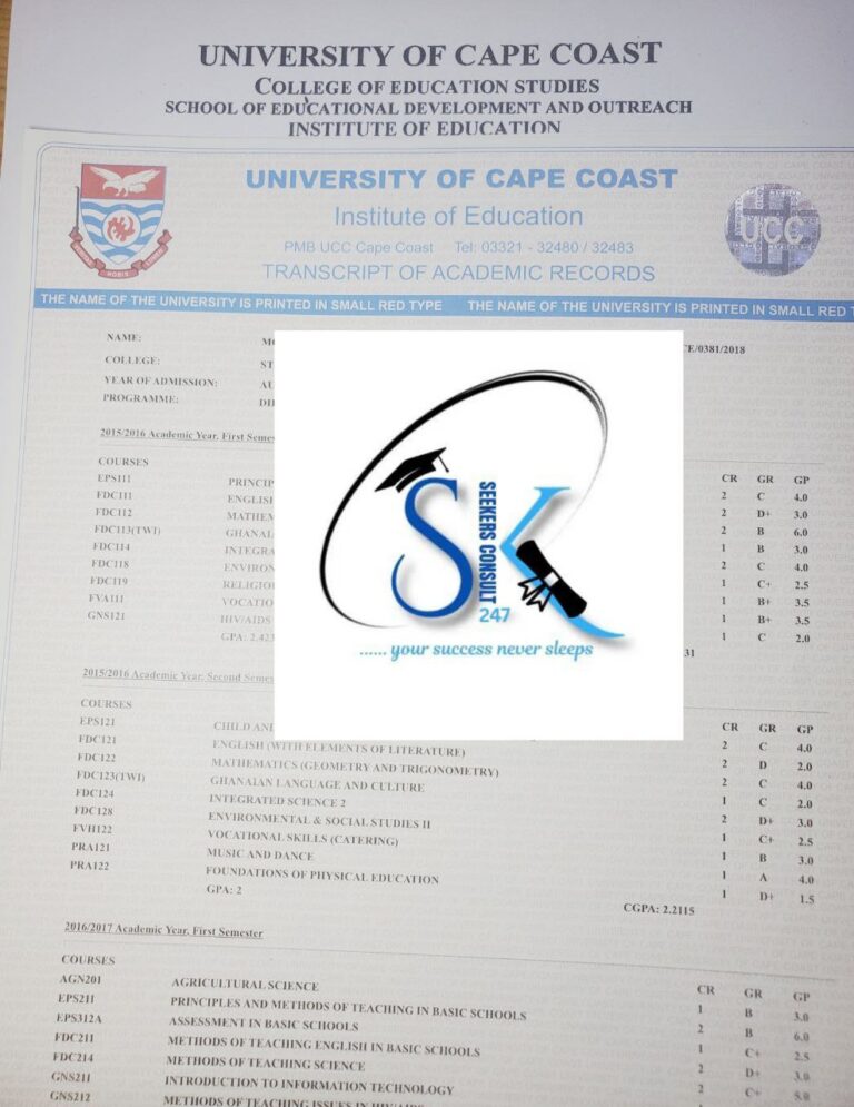 UCC COLLEGE TRANSCRIPT SAMPLE