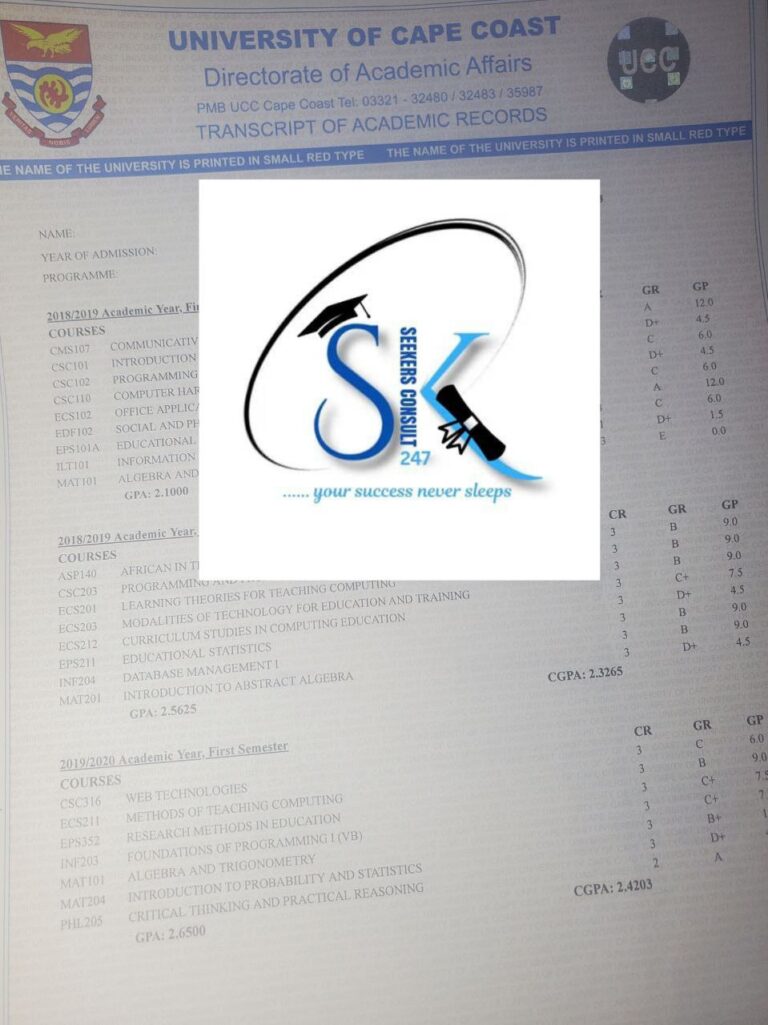 UCC Regular Degree and Sandwich Transcript Sample