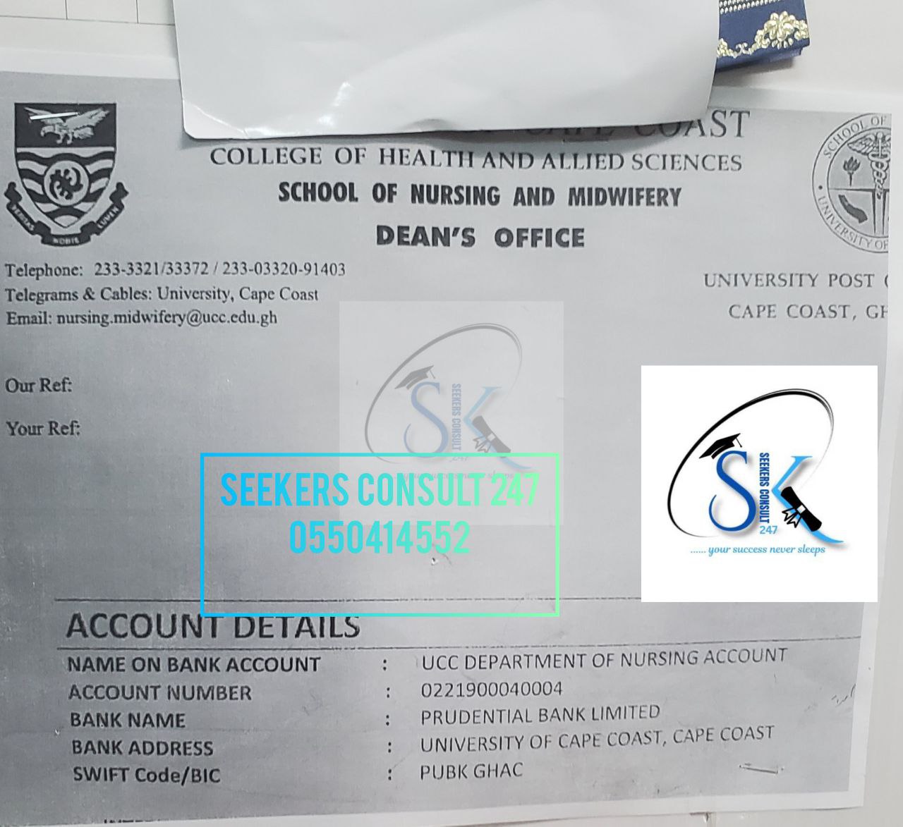UCC Bank Account Number for Department of Nursing
