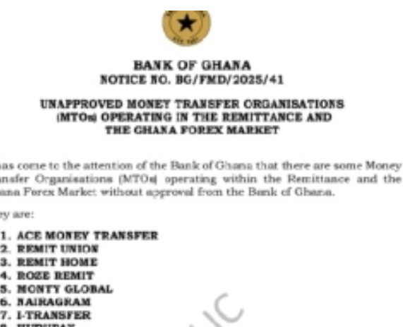 Avoid These Money Transfer Firms – Bank of Ghana Releases Cautionary List
