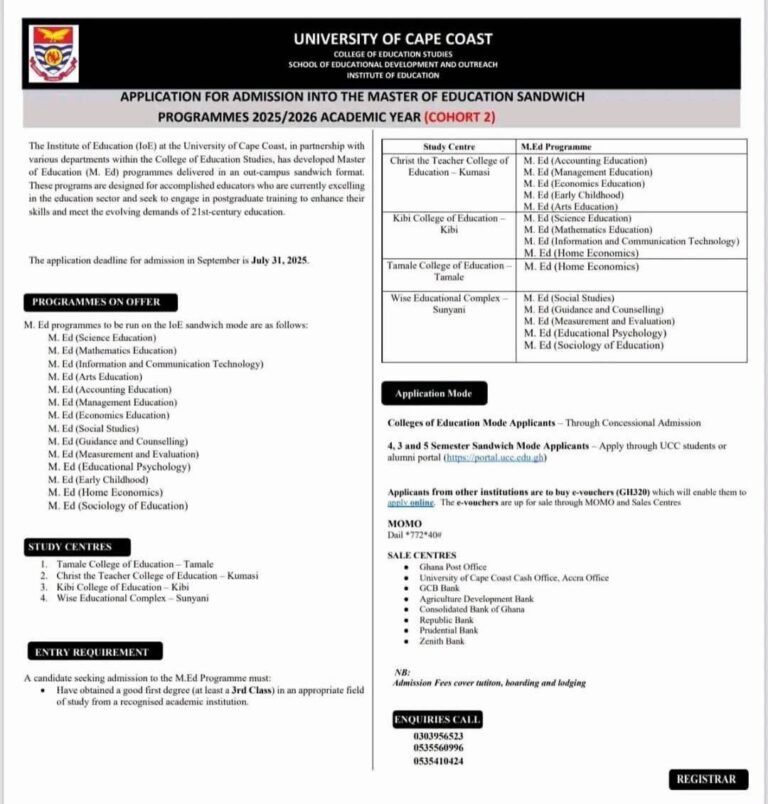 Master of Education (M.Ed) Sandwich Programmes at University of Cape Coast – Admissions