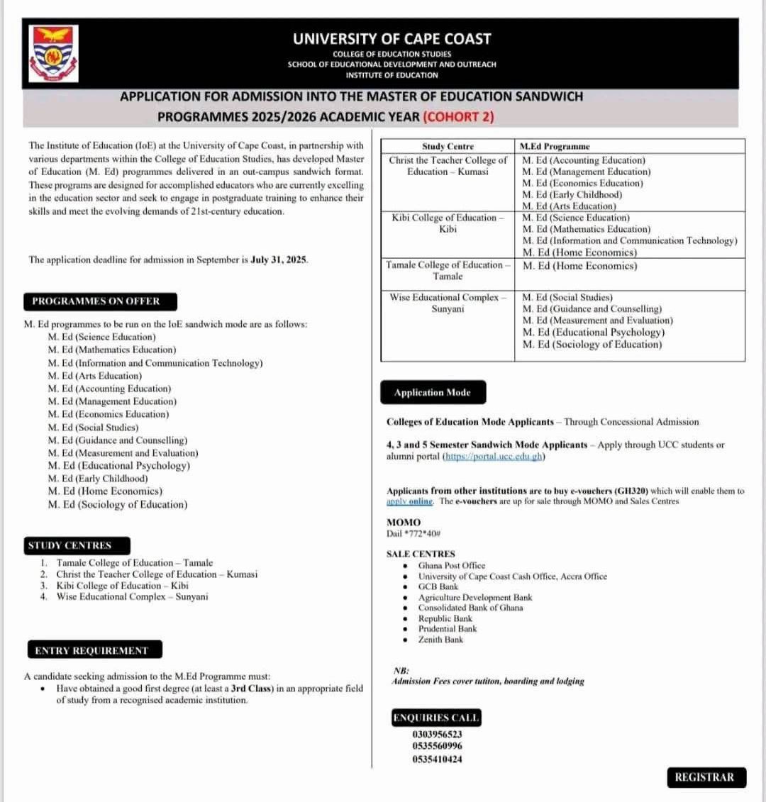 Master of Education (M.Ed) Sandwich Programmes at University of Cape Coast – Admissions