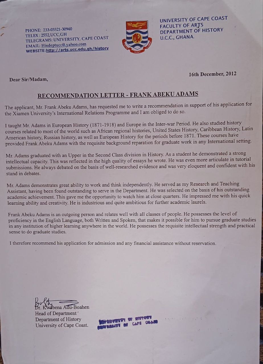 Sample Recommendation Letter from Lecturer and Department for Students Admission Application