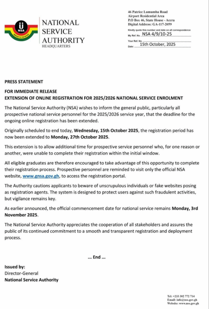 National Service Authority extends registration deadline for 2025/2026 enrolment